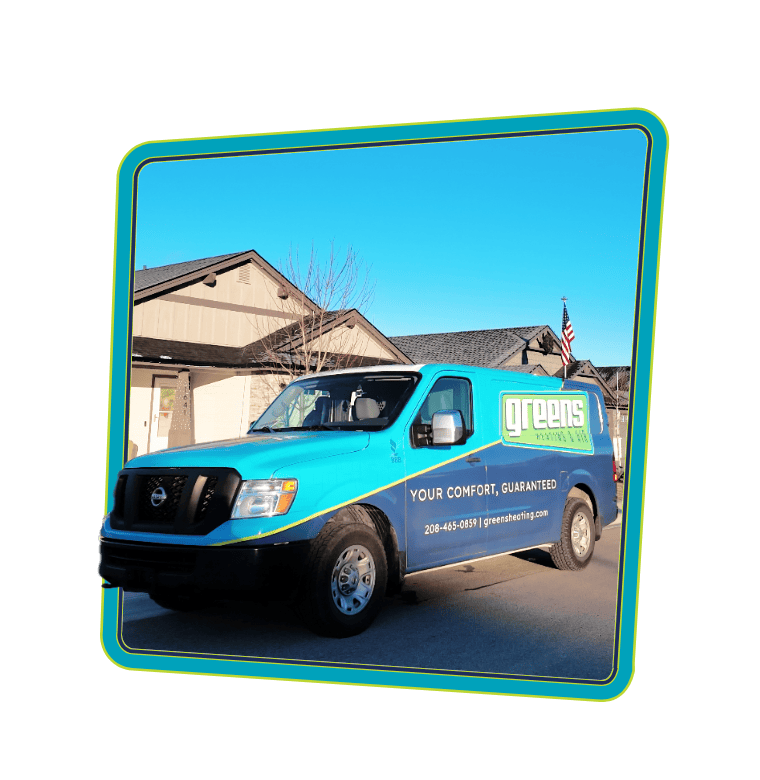 Greens Heating and AC service vehicle at residential home in Nampa, ID, for HVAC maintenance.
